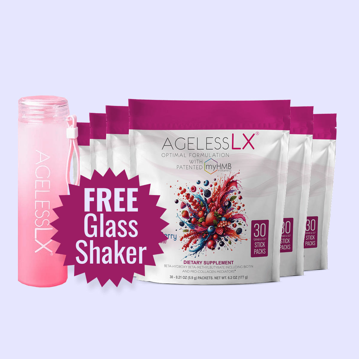 AgelessLX Wild Berry 6-bag pack with shaker
